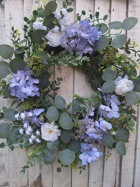 Handmade Blue Hydrangea & Eucalyptus Wreath | Elegant Front Door Wreath | Cottage Style Home Décor
