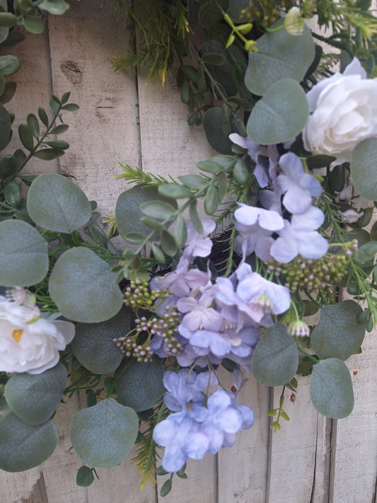 Handmade Blue Hydrangea & Eucalyptus Wreath | Elegant Front Door Wreath | Cottage Style Home Décor